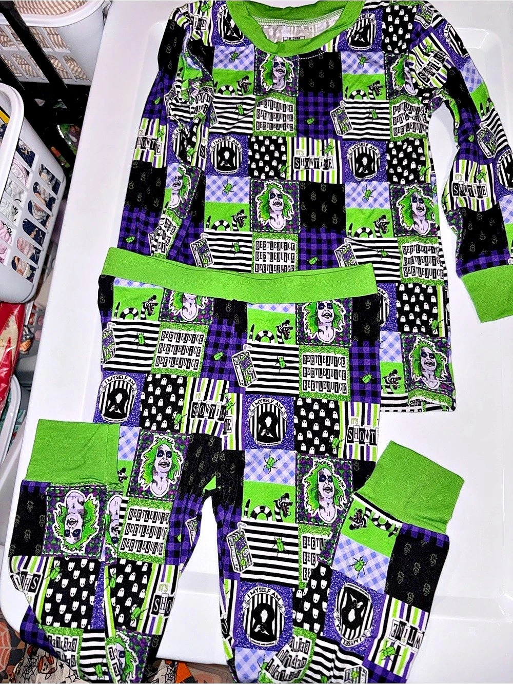 Halloween Green & Purple Patchwork Bamboo Pajama Set 18-24 months NWOT